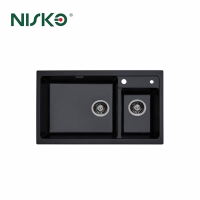 Buon prezzo Top Mount Double Bowl Quartz Lavello da cucina con lavandino in linea