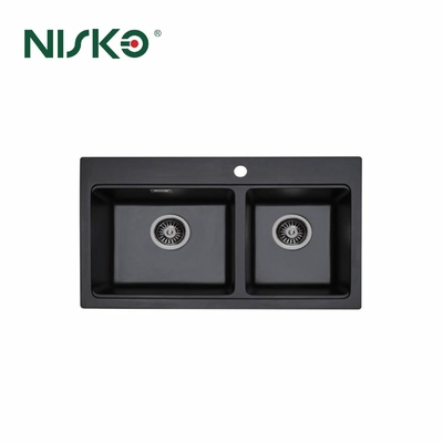 Good price Kitchen Double Bowl Quartz Stone Sink Top Mounted Square in Black online