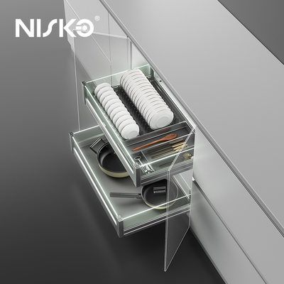 Harga yang bagus Laci Keranjang Kabinet Mangkuk Piring Tarik 2 Tingkat dengan Pengatur Penyimpanan Peralatan dengan Lampu on line