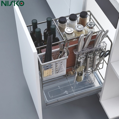 Harga yang bagus Multipurpose Pull Out Cutlery Tray Spice Rack Basket untuk penyimpanan botol dapur on line