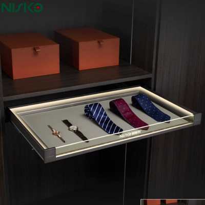 Buon prezzo Cravate orologio abbigliamento cuoio rivestito armadio cassetto cestini tirare fuori con luce a LED in linea