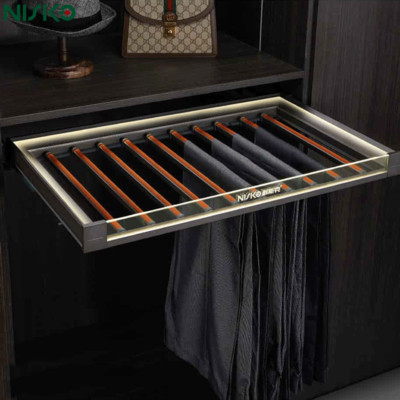 Good price Light Pull Out Pants Organizer Glass Trouser Rack for Wardrobe Clothes Storage online