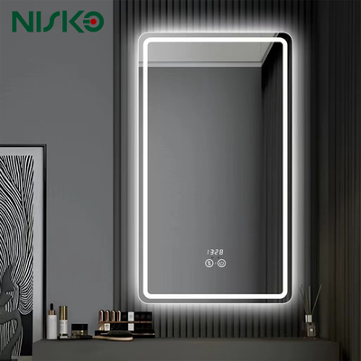 ভালো দাম NISKO আয়তক্ষেত্রাকার LED বাথরুম মিরর অ্যান্টি-ফগ অ্যালুমিনিয়াম ফ্রেম স্মার্ট লাইটেড মিরর সময় প্রদর্শন সহ অনলাইন